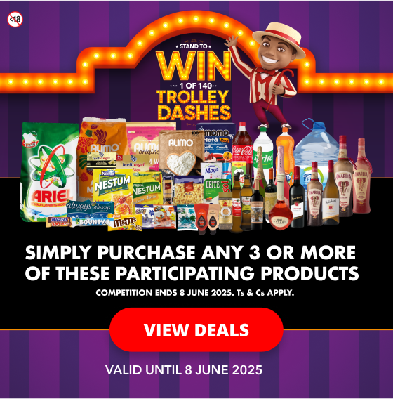 Get ready to shop and win with Shoprite! Win one of 140 trolley dashes, simply Purchase 3 or more participating products to enter. Get a unique code on your till slip, send the code to our WhatsApp line to find out if you are a winner.