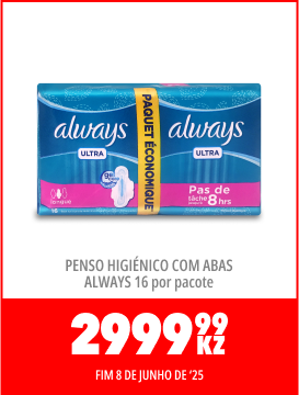 PENSO HIGIÉNICO COM ABAS ALWAYS 16 POR PACOTE - 2999,99KZ