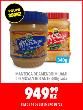 MANTEIGA DE AMENDOIM UAMI CREMOSA/CROCANTE 340g CADA, 949,99KZ